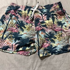 ZYIA Men's Flamingo Print Swim Trunks in Pink, Navy, Yellow